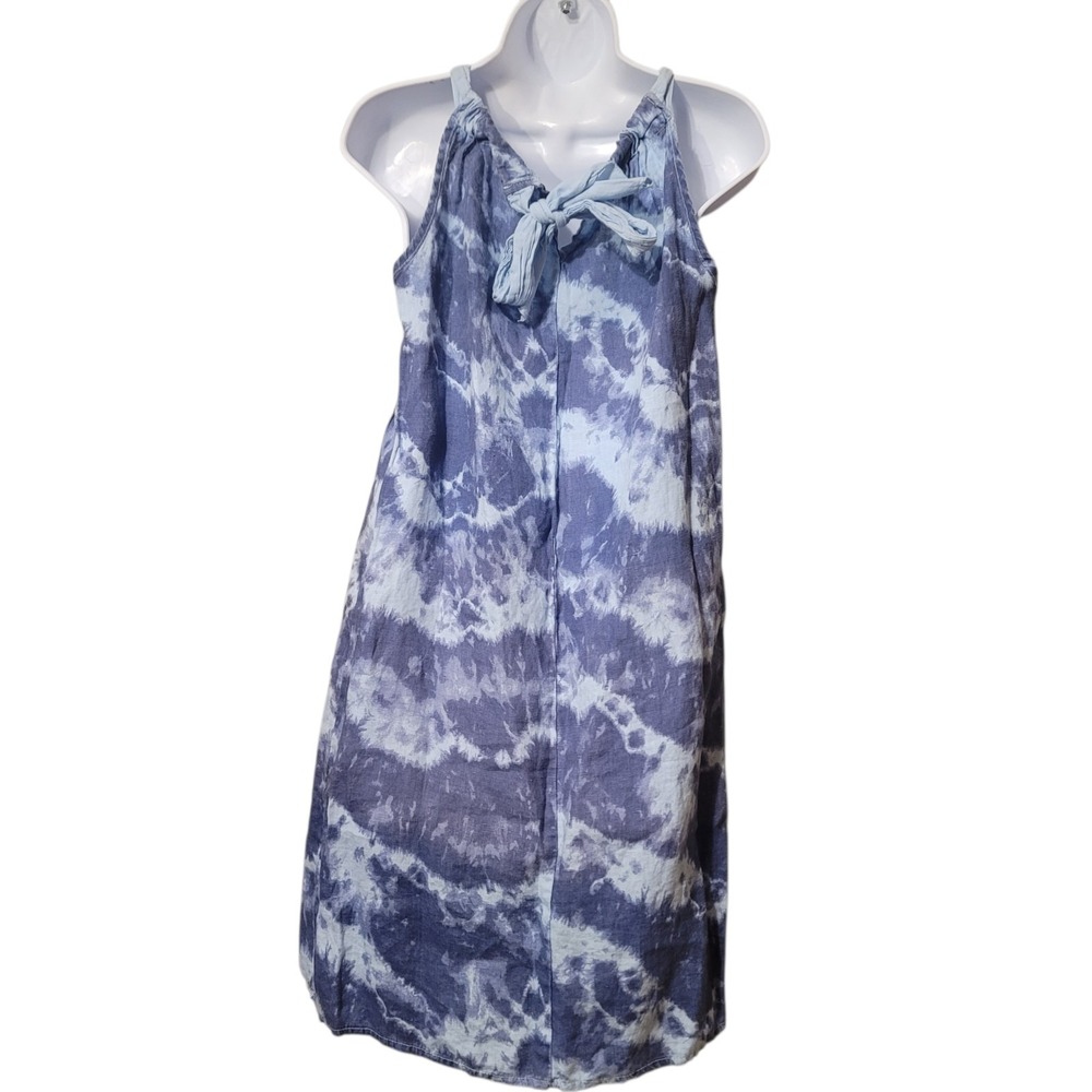 Bellambra Italy 100% Linen Tie Dye Midi Halter Dress Blue Sm Beachy Lightweight - Picture 3 of 8